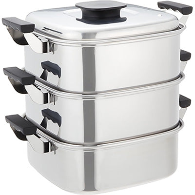 Stainless Steel "MOMO" Square Pressed Steamer 3-Tier with 2 inner tray,