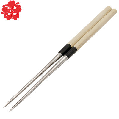 Tempered Stainless Steel Serving Chopsticks with Magnolia Wood Handle 12cm～（Natural Wood） Tapered Tips for Sashimi and Japanese Cuisine, Includes Vinyl Sleeve – Made in Japan